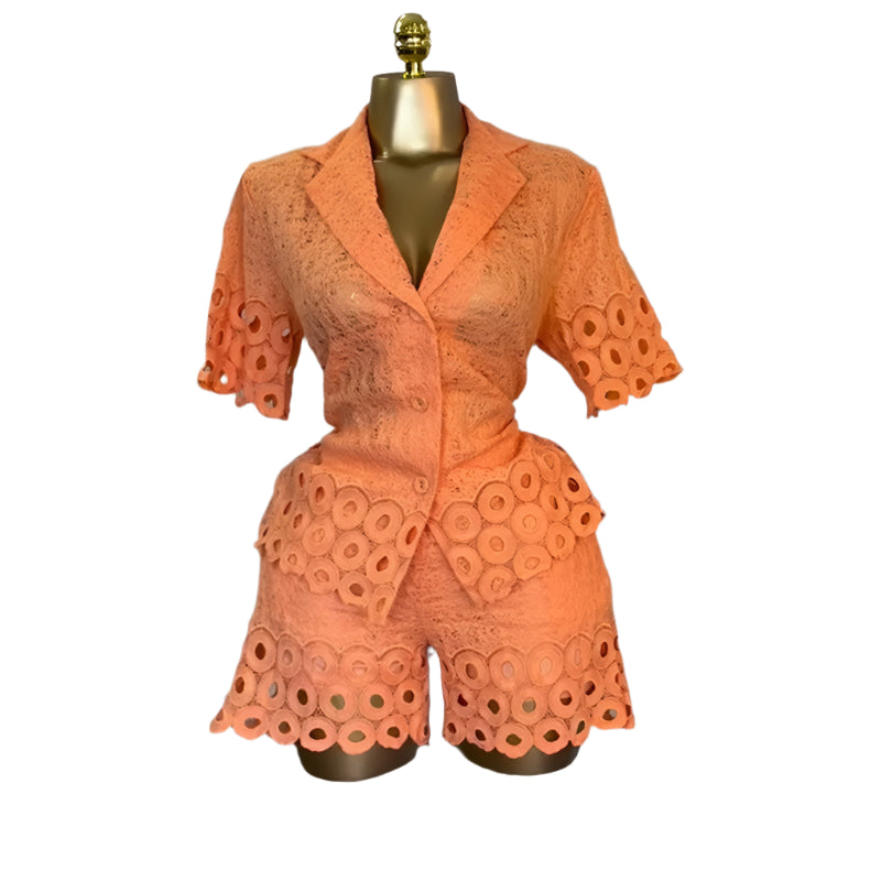 Lace Embroidery Women's Set half Sleeve Shirt and Shorts Two 2 Piece Sets Outfit