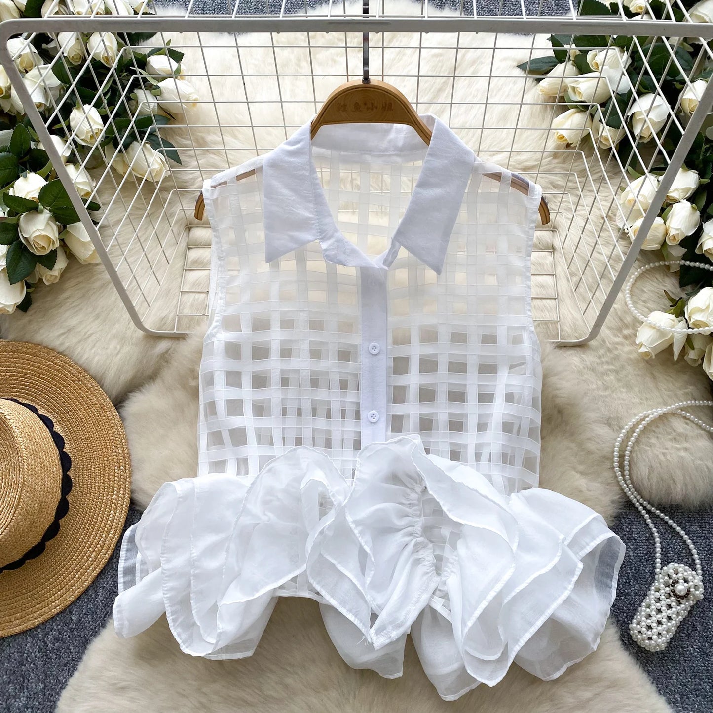 Vintage Bandage Lace Sleeveless Blouse Slim Elegant Korean Fashion Sexy Shirt