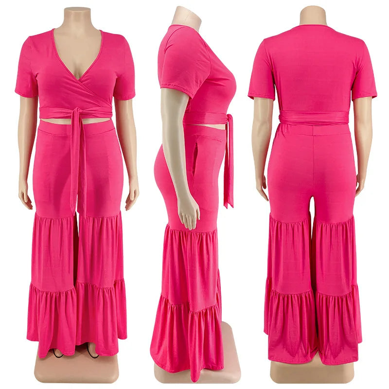 Plus Size Pants Sets Two Piece Outfits Summer Holiday Solid Bandage Top Wide Leg New Matching Suit
