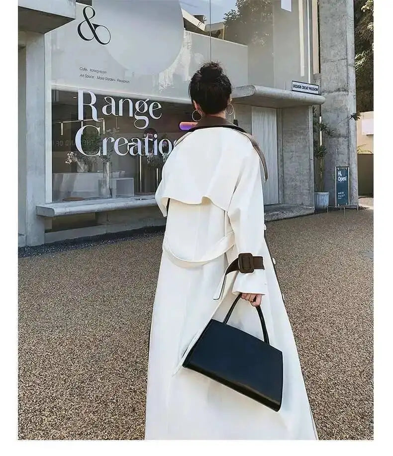 Color Block Trench Coat Double Breasted Patchwork Windbreaker Trench Coat