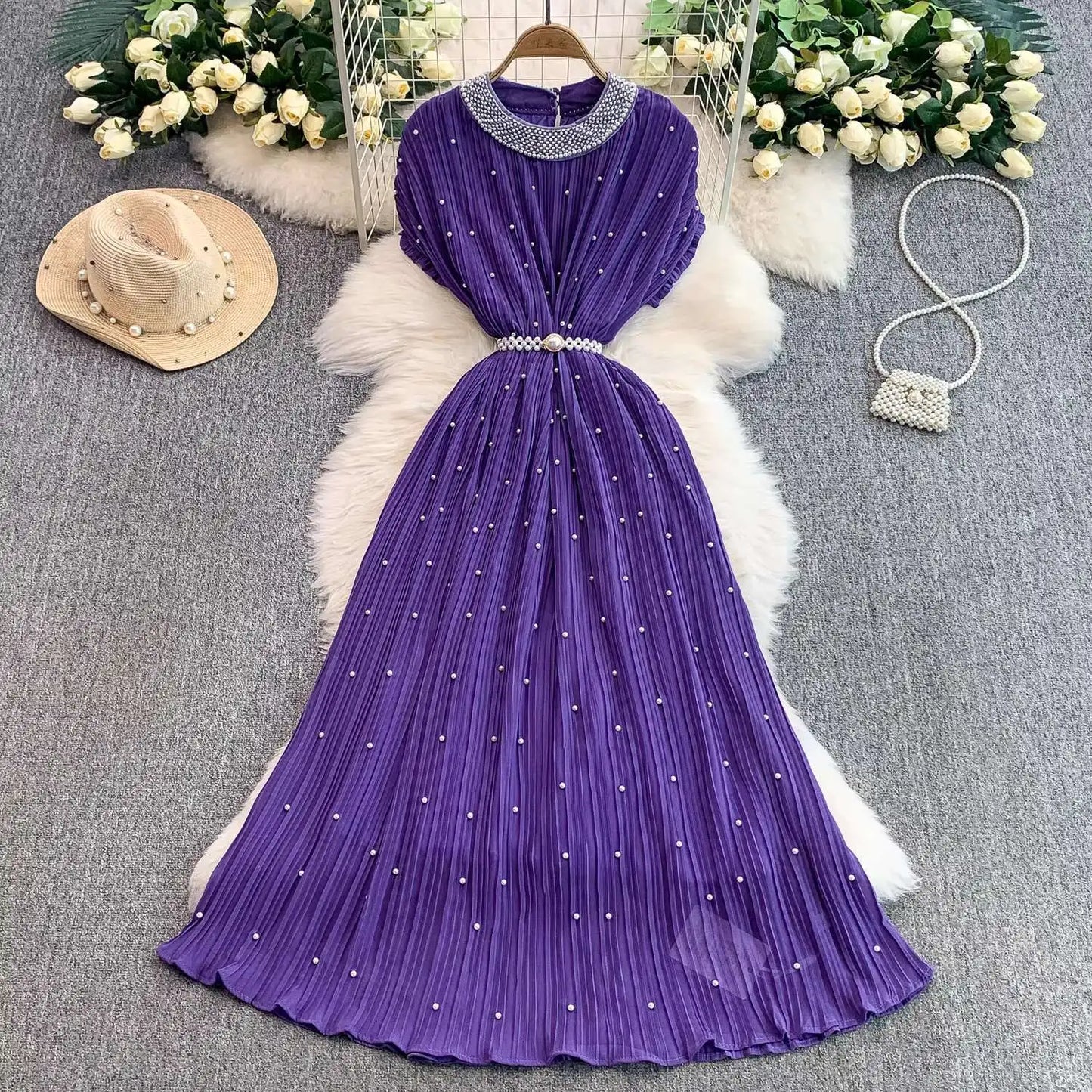 Summer Luxury Pearls Long Chiffon Dress For Women Loose Big Size Short Sleeve Crystal Birthday Evening Midi Pleated Dresses