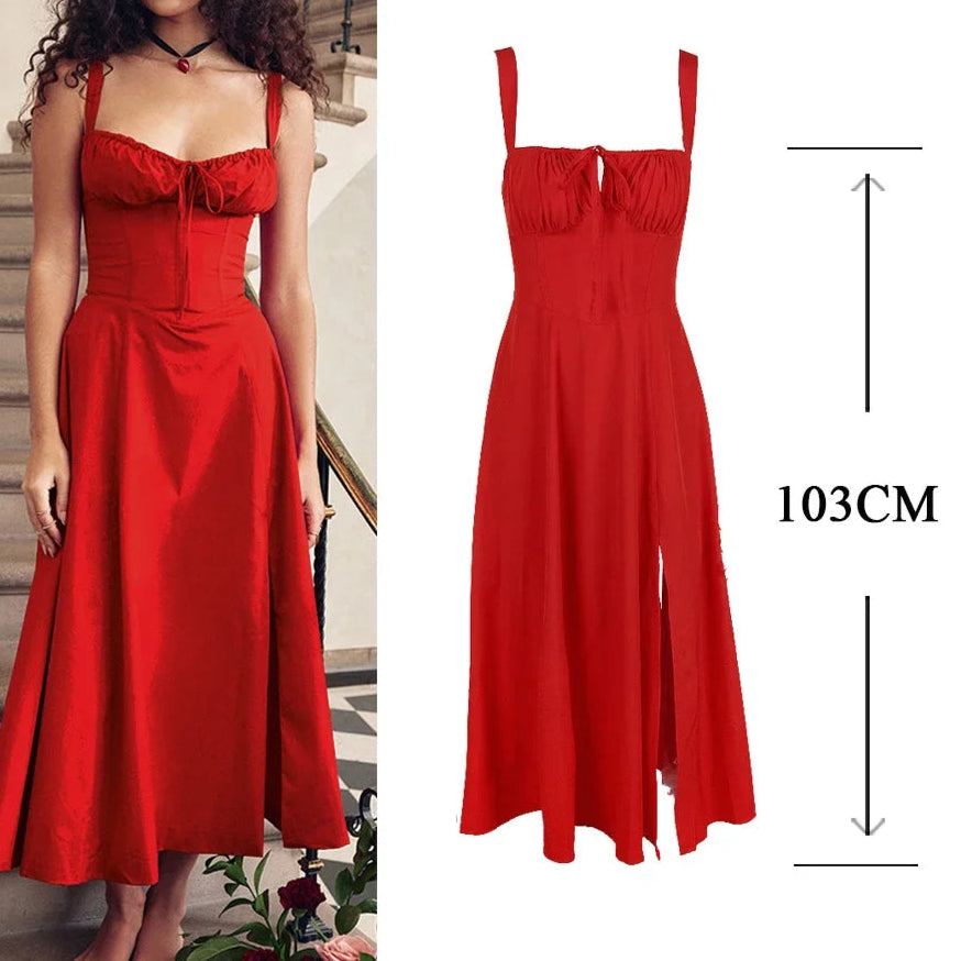 Elegant A Line Midi Dress Sexy Spaghetti Strap Lace Up Red Holiday Party Dresses Summer Dresses