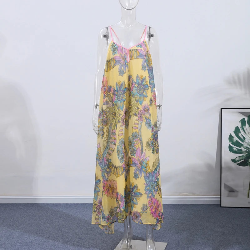 Print Floral Women's Dress Halter V-neck Sleeveless Hollow out Straight Vacation Dress