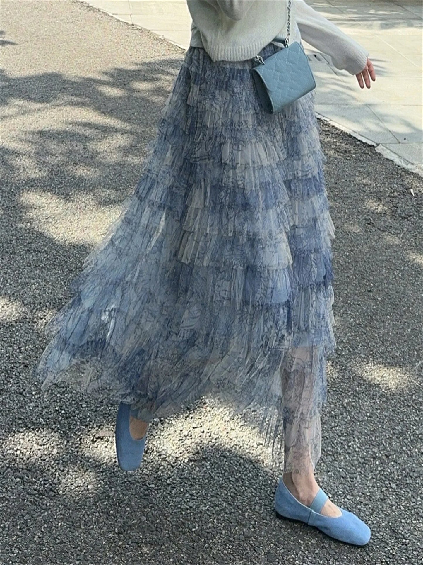 Elegant Floral Lace Maxi Skirt with High Waistband and Flowy Layers Skirt