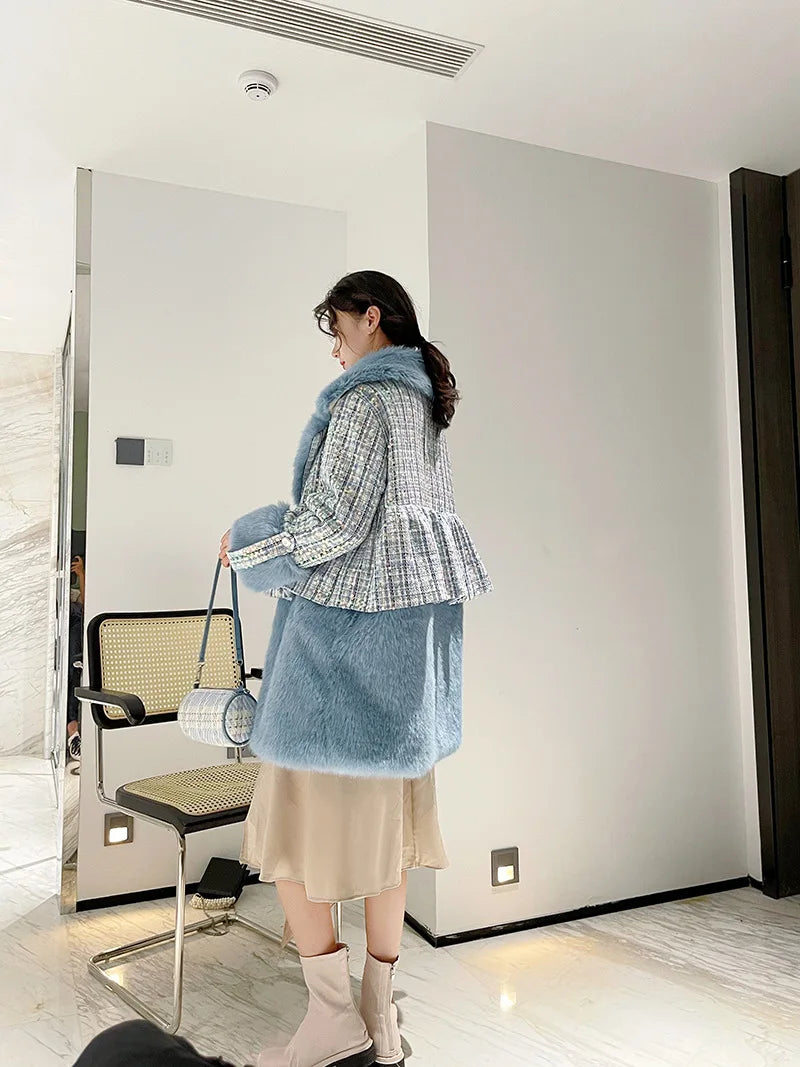 Winter Fur Coat Women Luxury Sequined Wool Faux Fur Long Jacket Fluffy Overcoat