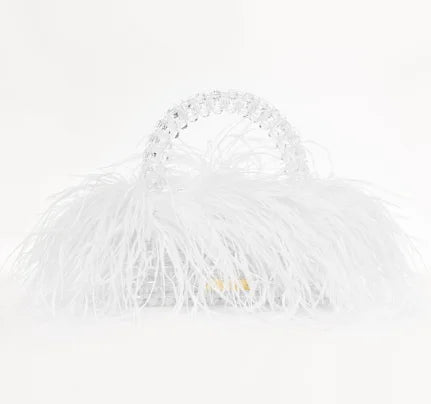 Pearl Bead Bag With Feather Fur Designer Brand Clear Acrylic Crystal Handbag Handmade