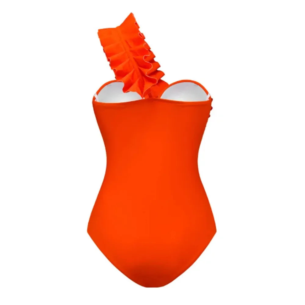 One-Piece Swimsuit Solid Bathing Suit Vacation Beachwear Ruffle Swimming Suit