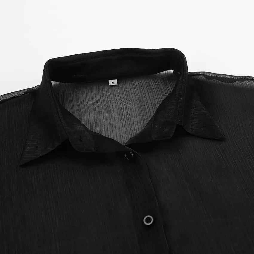 Sexy Transparent Shirt Women Blouse Loose Turn-down Collar Flare Sleeve Lace-up Shirt Top