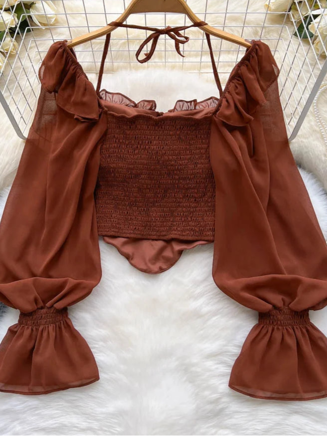Flare Sleeve Women Top Ruffle Solid Elastic Waist Halter Backless Chiffon Blouse