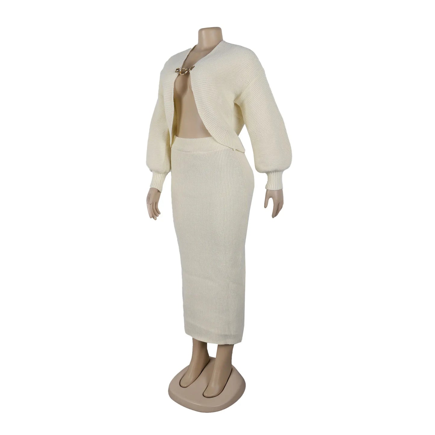 High Quality Elegant Knit Women 2 Piece Set Outfit Hollow Out Lantern Sleeve Crop Cardigan + Long Skirt Suit Streetwear
