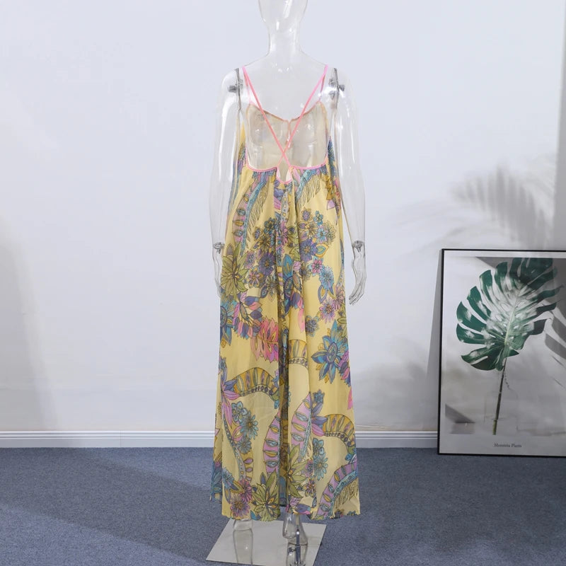 Print Floral Women's Dress Halter V-neck Sleeveless Hollow out Straight Vacation Dress