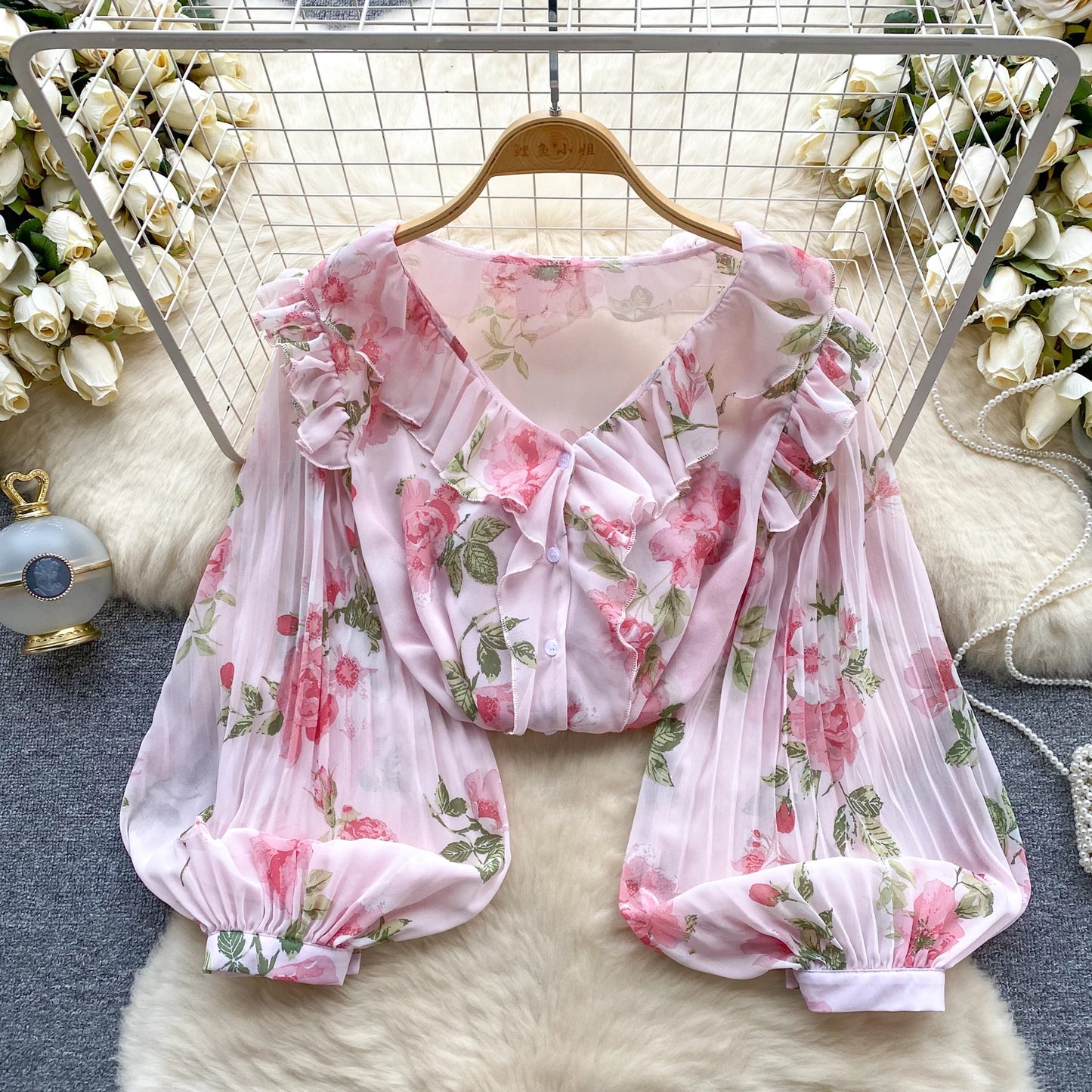 Floral Print Loose Shirt Women Lantern Sleeve V Neck Thin Causal Ruffle Blouse