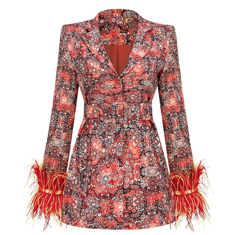 High-end Women's Blazer Dress Cuffs Adorned with Feather Print Dress