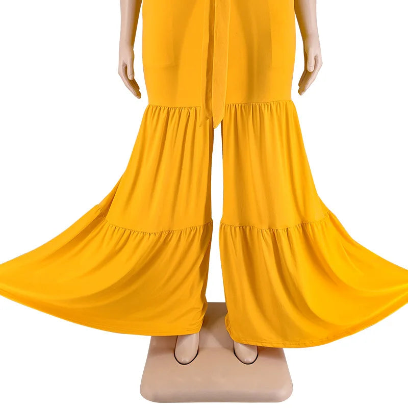Plus Size Pants Sets Two Piece Outfits Summer Holiday Solid Bandage Top Wide Leg New Matching Suit