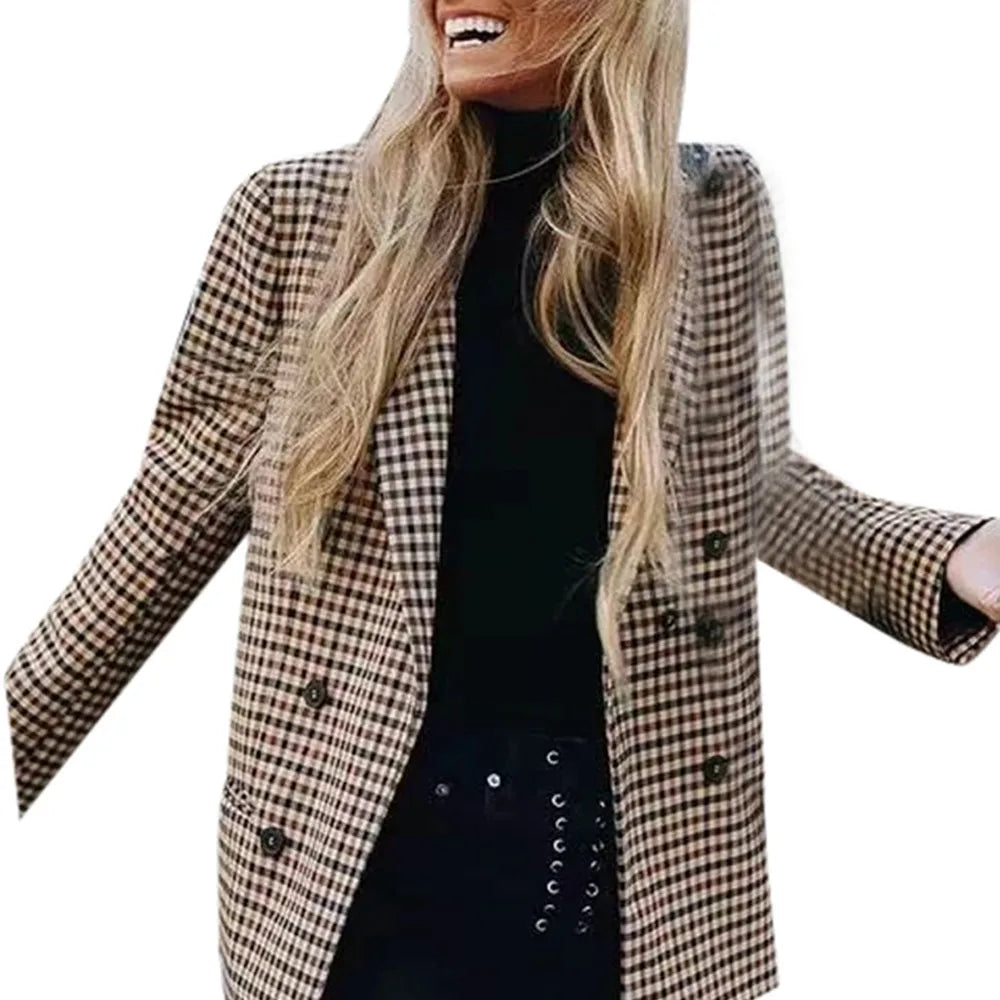 Women's Elegant Open Front Coat Retro Button Suit Coats Plaid Long Sleeve Flannel Lapel Blazer