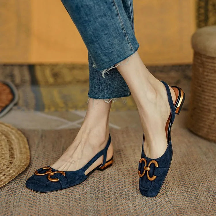 French Low Heel Retro Toe Cover Sandals Women Summer Empty Horse Bit Faux Leather Strap Sandals