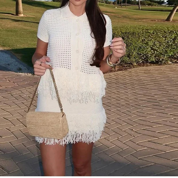 Knit Tassel Skirt Sets Women Hollow Out Lapel Single Breasted Short Sleeve Tops Mini Skirts
