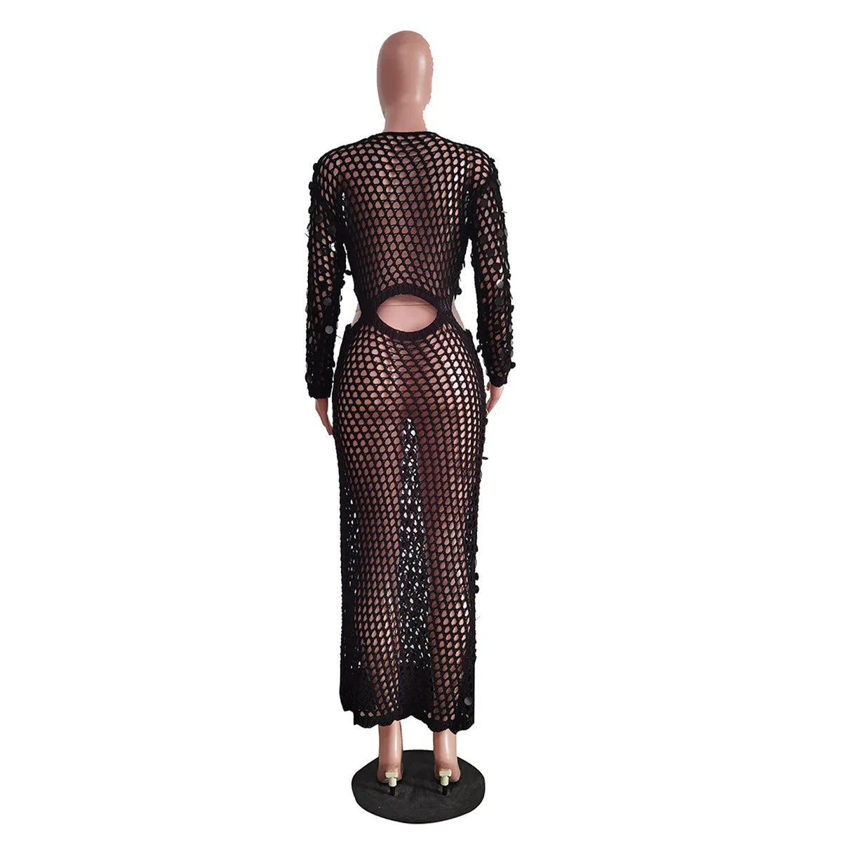Fishnet Knitting Hollow Sequins Maxi Dress Sexy See Through Vacation Beach Dress Resort Wears