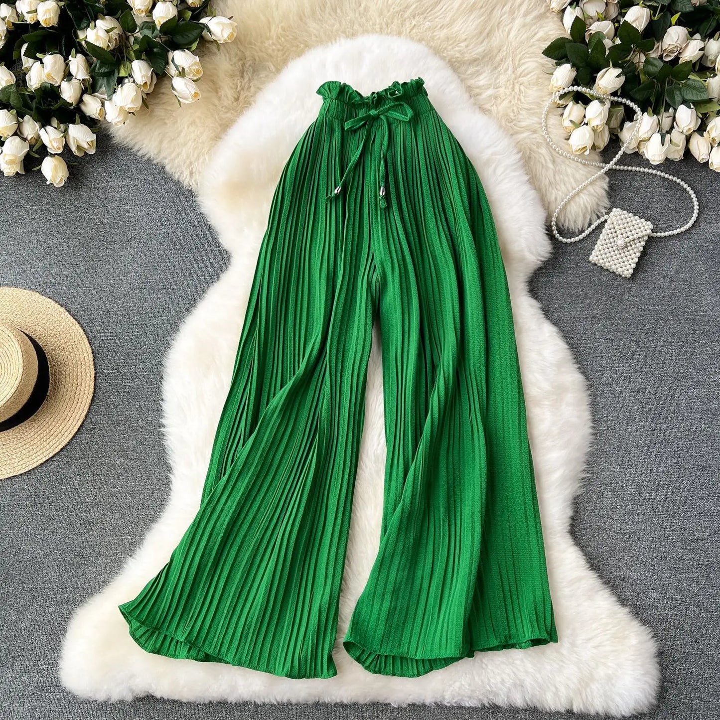 Women Long Pants Wide Leg Pant Solid Loose Casual Lace Up Tight High Waist Capris Regular Pleated Trousers