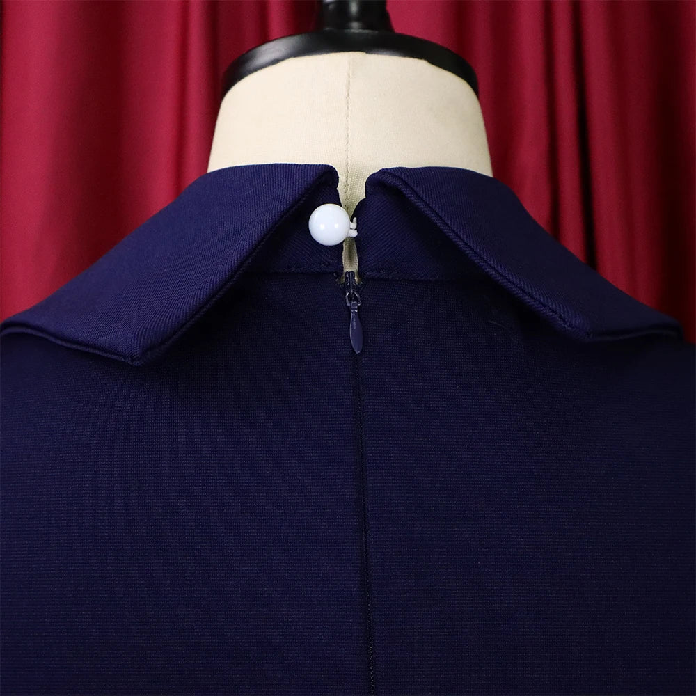 Elegant Office Dress fro Women Professional Full Sleeve Turn Down Collar Beaded Sheath Package Hips Mid Calf Formal Work Dress
