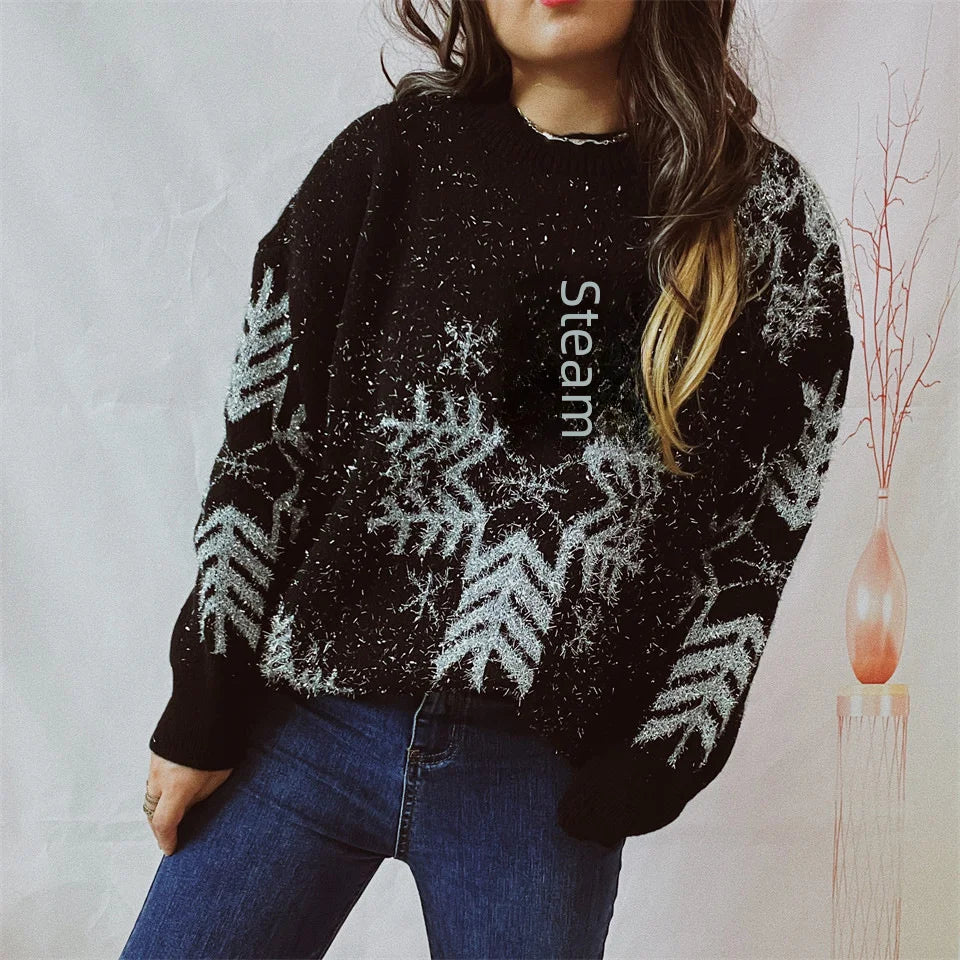 Loose-fit Line Big Snowflake Christmas Sweater Women's Pullover Thickened Crew Neck Sweater