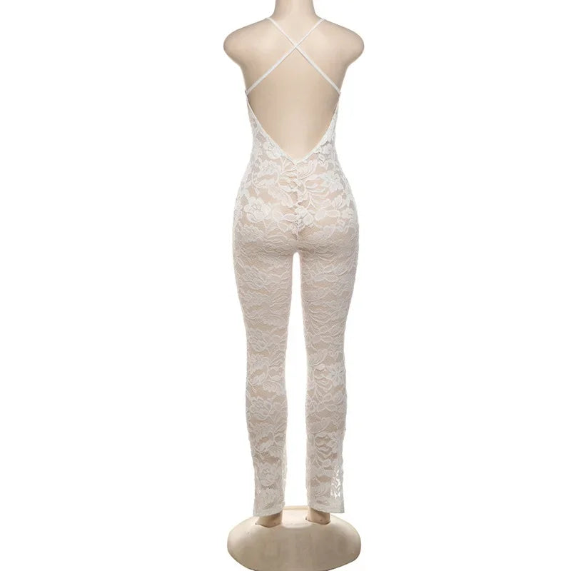 Cross Backless Jumpsuit Women Sexy See Thorough V-Neck Sleeveless Summer Coquette Stretch Overalls Club Birthday Outfit