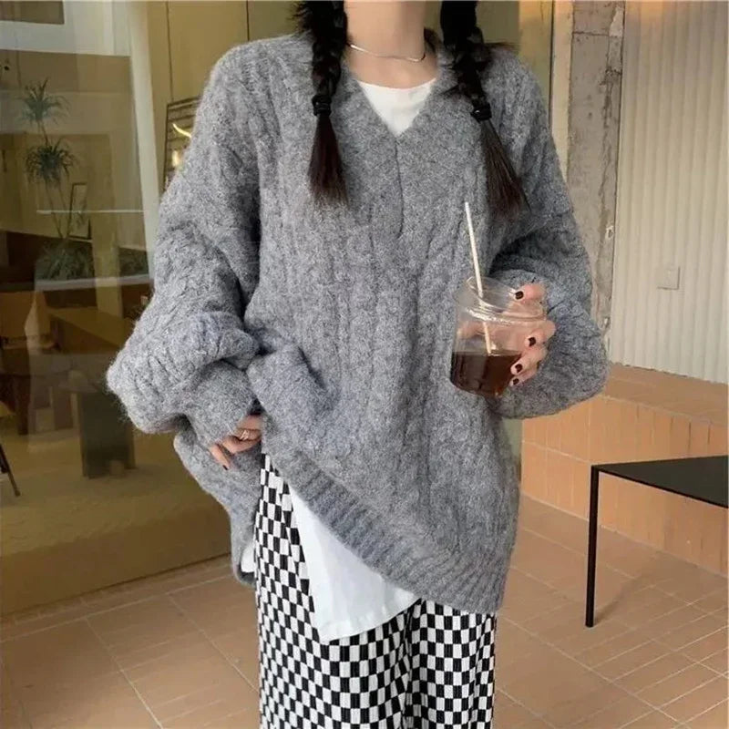 Lantern Sleeve Knit Sweater Women Korean Solid Twist V-Neck Pullover Jumper