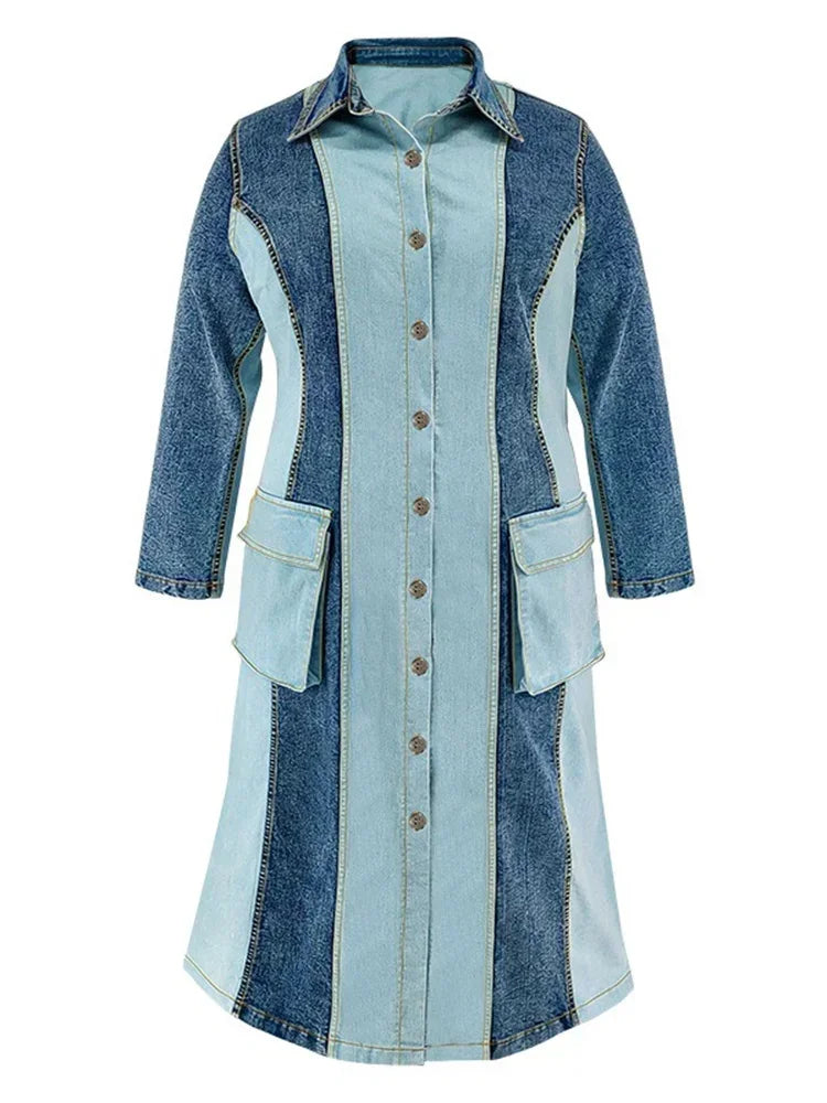 Plus Size Denim Dresses Women Long Sleeve Casual Button Pockets Striped Maxi Dress