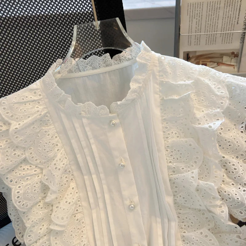 Flying Sleeve White Shirts Vintage Sleeveless Ruffled Lace Blouse for Woman