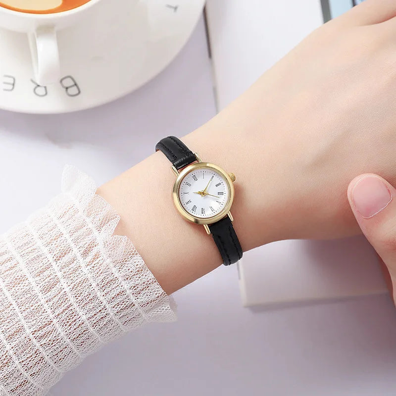 Luxury Design Leather Ladies Watch Quartz Wristwatch Small Round Dial Clock