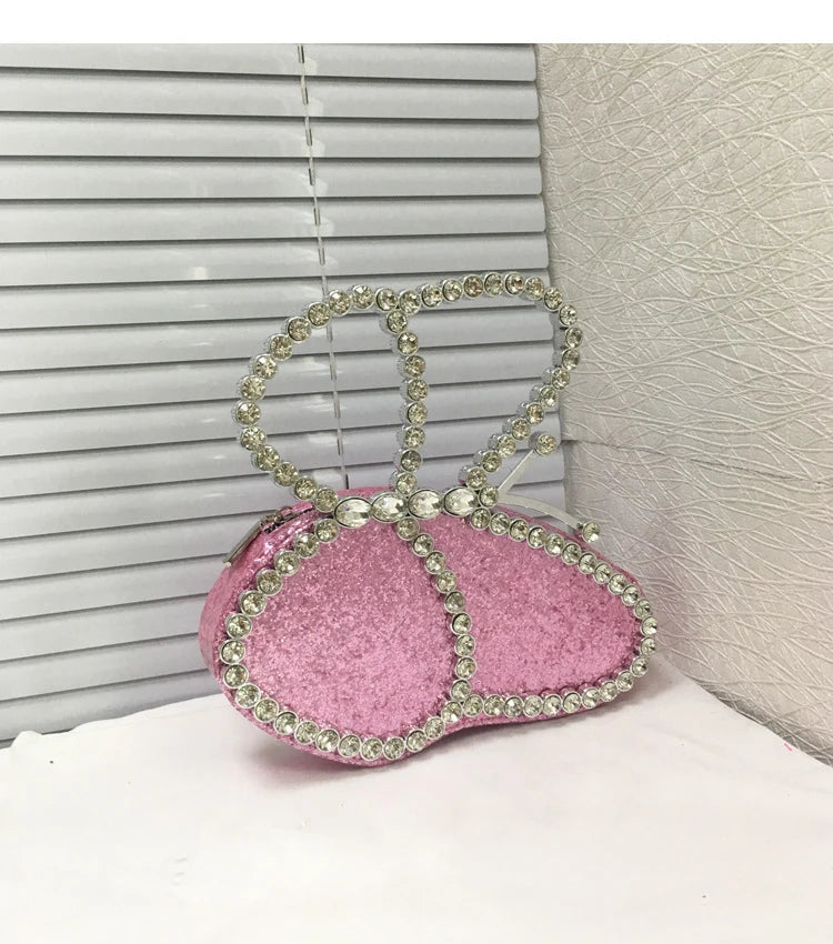 White Rhinestone Pink Butterfly Wedding Evening Clutches Party Prom Purse