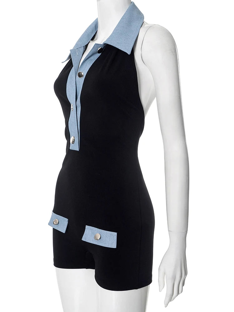 Denim Patchwork Rompers Polo-Neck Backless Sleeveless Vacation Playsuits