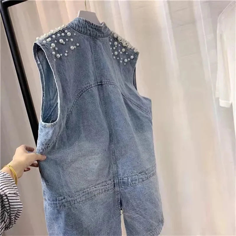 Women Pearl Denim Waistcoat Korean Fashion Cardigan Vintage Loose Vest