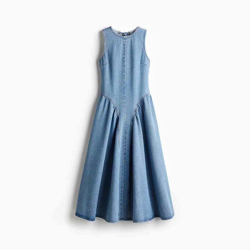 Women's Vintage Hollow Out Denim Maxi Dress Backless A Line Denim Robes Lace Up Dress