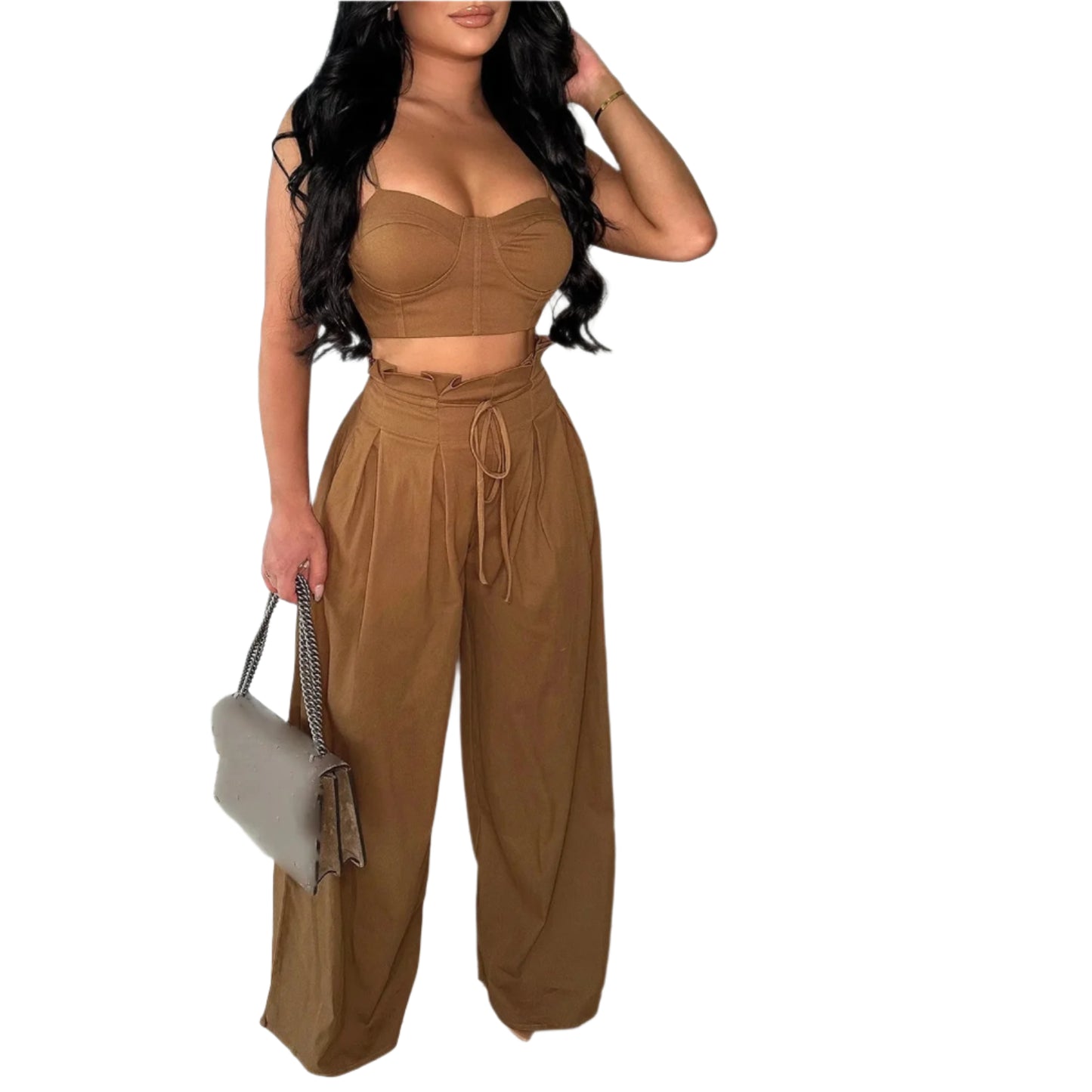 Sexy Zip Crop Camisole and High Waisted Drawstring Wide Leg Trousers 2 Piece Women Pants Suit Streetwear