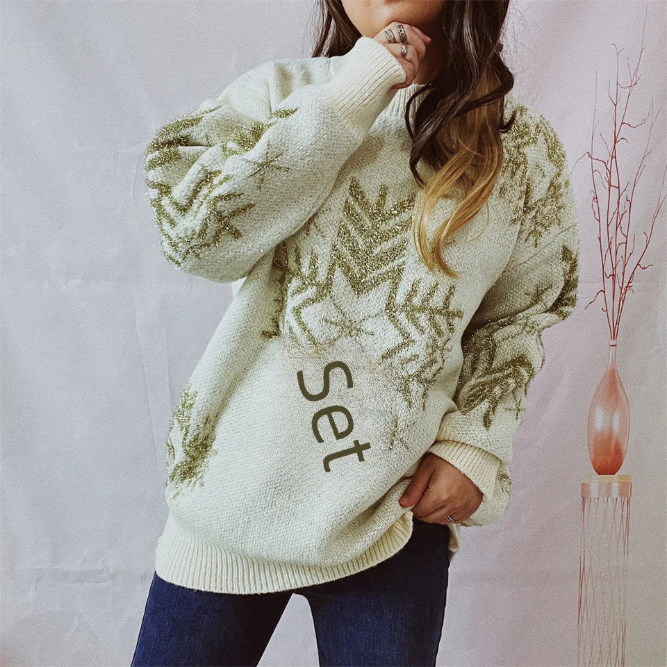 Loose-fit Line Big Snowflake Christmas Sweater Women's Pullover Thickened Crew Neck Sweater