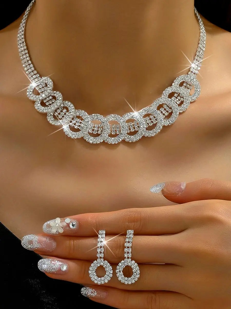 3pcs Fashion Jewelry Set with Rhinestone Inlaid Round Necklace Earrings Jewelry Set Suitable for Women's Party Accessories