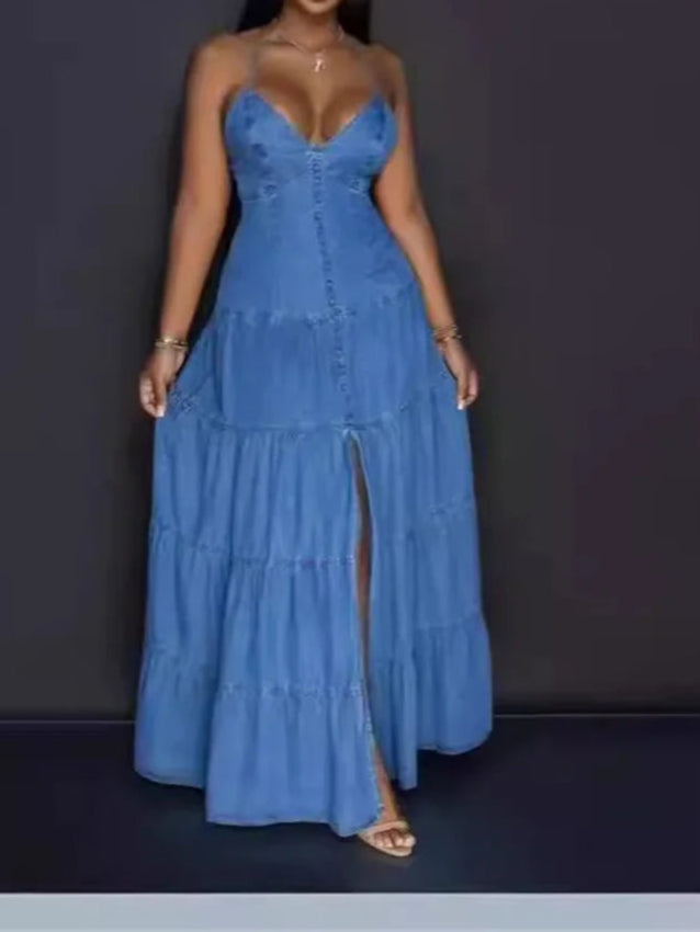 Elegant Sexy Deep V Neck Halter Denim Maxi Dress