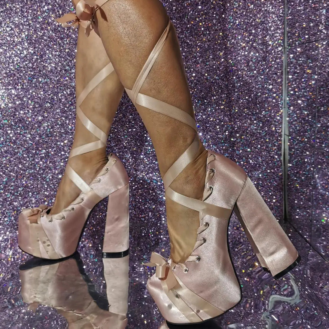Lace Up Cross Straps Bow Lolita Shoes Women Platform Satin Sandals Sweet High Block Heels Square Toe Thick Bottom Women Pumps