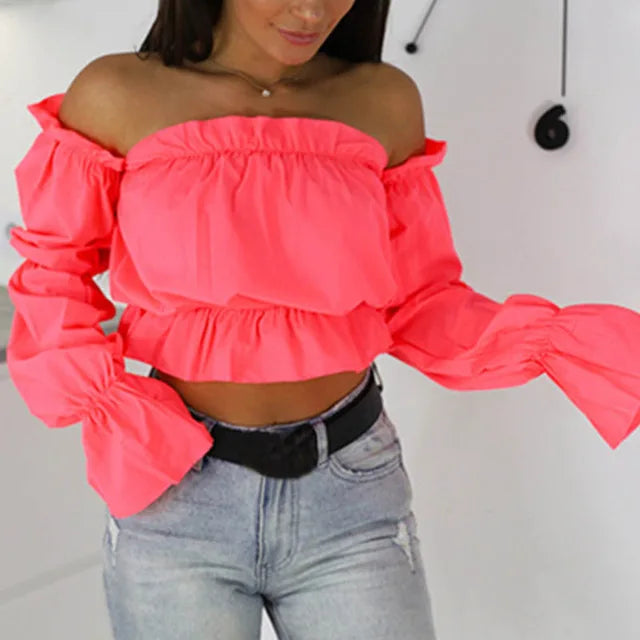 Candy Color Off Shoulder Crop Tops women Summer lantern sleeve blouse