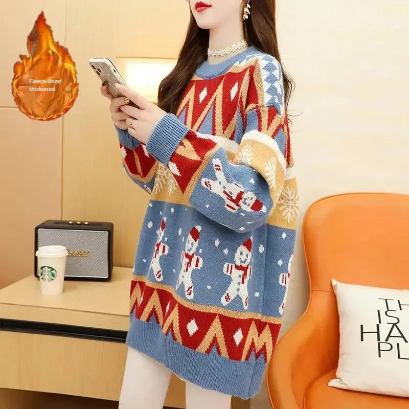 Christmas Sweater Women's Medium-Length Winter Loose-Fit Thickened Knit Pullover