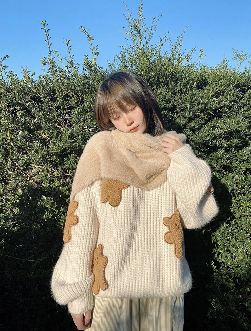 Sweet Cartoon Bear Sweater Women Cute Knitted Pullover Oversized Knitwear