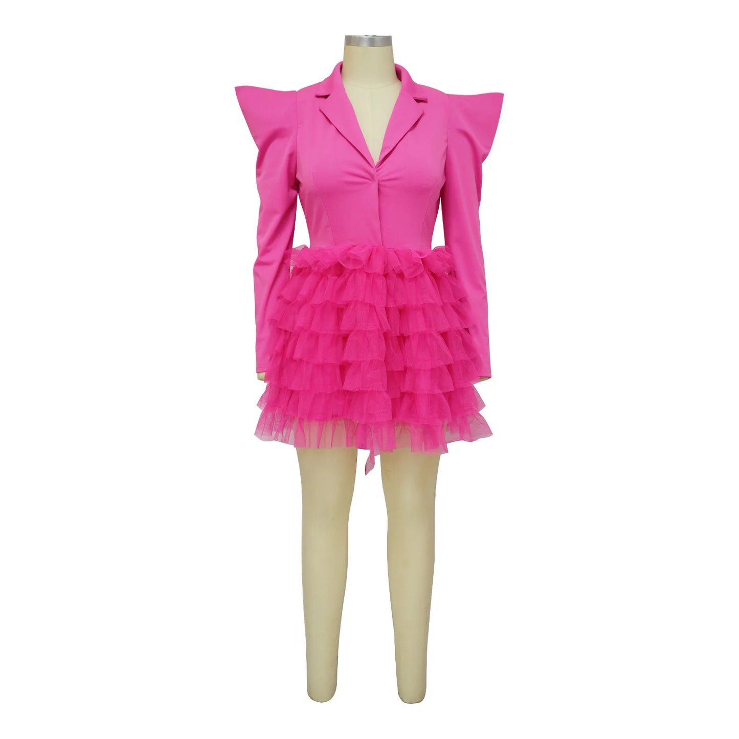 Mesh Paneling Solid Right Shoulders Long Sleeves Cake Dress For Women