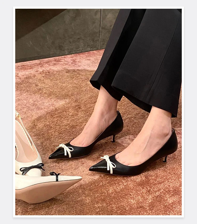 Butterfly Knot Color Blocked Shoes for Women Pointed Shallow Mouth Slim Heel High Heels