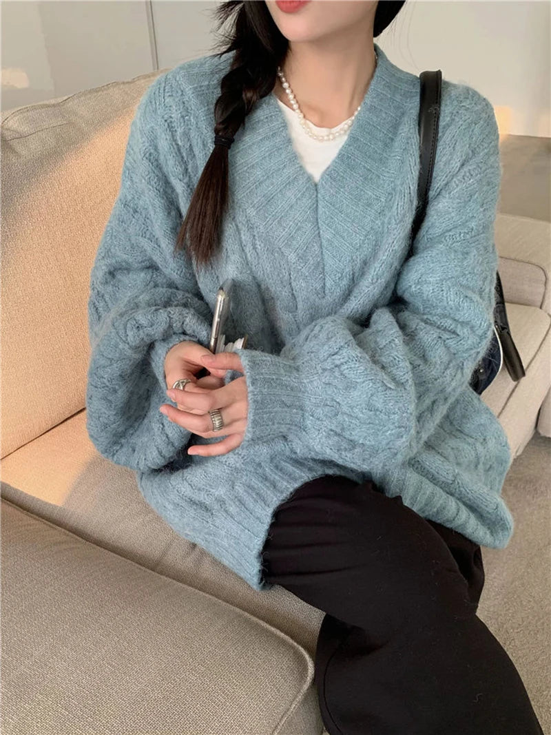 Harajuku Women Sweater Cute Oversized Knitted Pullover V Neck Sweater