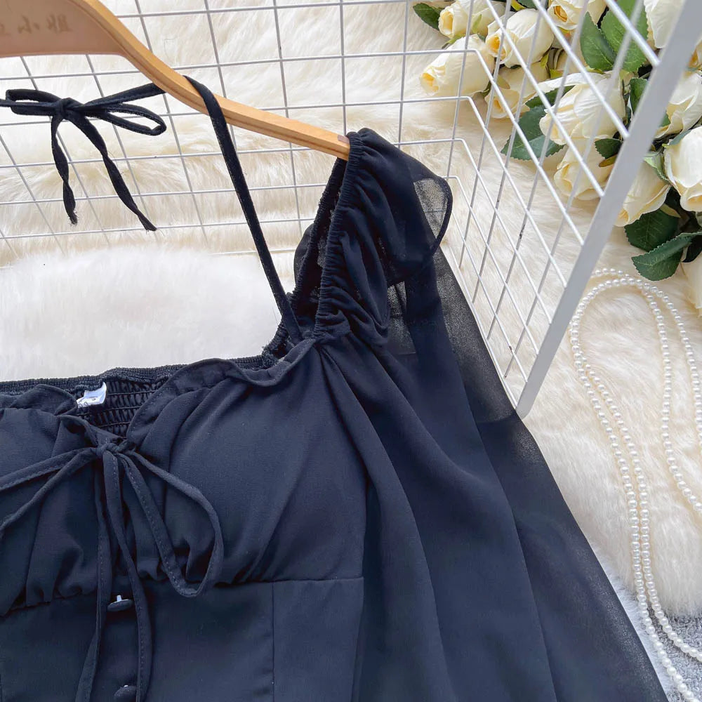Flare Sleeve Women Top Ruffle Solid Elastic Waist Halter Backless Chiffon Blouse