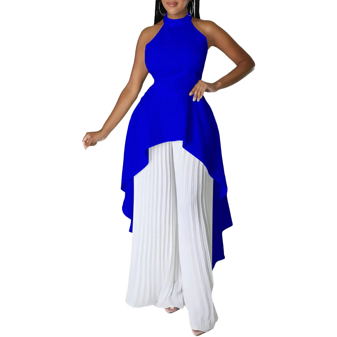 Elegant Two Piece Set Women Outfit Backless Top Hundred Pleated Wide Leg Pants Trousers Suit Summer Office Lady Suit