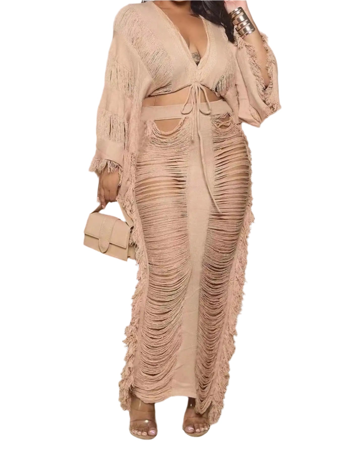 Women's Fringed 2-piece Set Long-sleeved top with fringed cutout sexy and elegant party club outfit