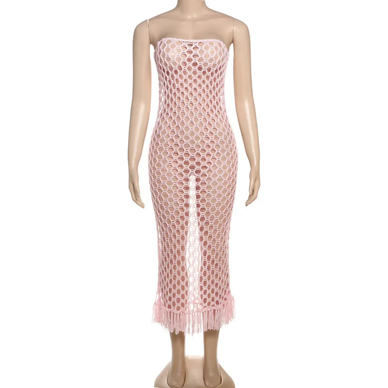 Women Beach Wear 2 Piece Set Sexy Knit Strapless Tassel Hem Dress+Bodysuit Vacation Wear