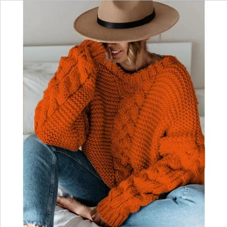 Loose Knitted Casual Sweater V Turtleneck Twist Women's Pullover Sweater